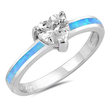 Load image into Gallery viewer, \r\nSterling Silver Blue Lab Opal Ring with Heart Shape Clear CZ CenterAnd\r\nFace Height of 7 mm