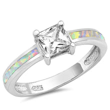 Load image into Gallery viewer, Sterling Silver White Lab Opal Ring with Square Clear CZ CenterAnd Face Height of 9 mm
