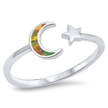 Load image into Gallery viewer, Sterling Silver Moon And Star Shaped Black Lab Opal Ring