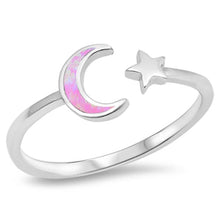 Load image into Gallery viewer, Sterling Silver Moon and Star Shaped Pink Lab Opal Rings, Face Height 8mm