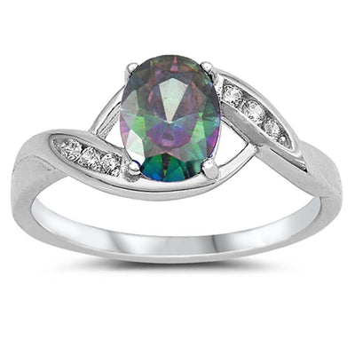 Sterling Silver Oval Rainbow Topaz and Cubic Zirconia Ring