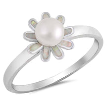Load image into Gallery viewer, Sterling Silver White Lab Opal Flower Ring with Genuine Freshwater Pearl Center, Face Height of 10 mm