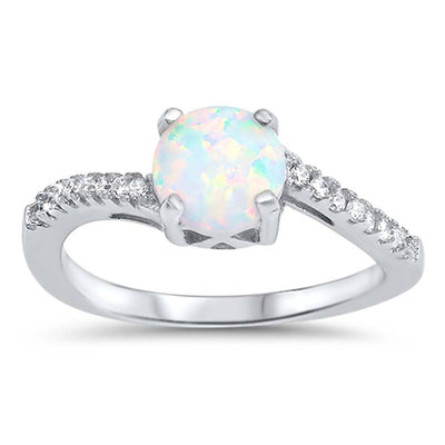Sterling Silver Round White Lab Opal Rings with CZ Stones, Face Height 7mm