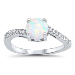 Sterling Silver Round White Lab Opal Rings with CZ Stones, Face Height 7mm