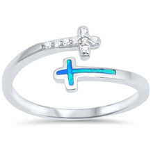 Load image into Gallery viewer, Sterling Silver Cross Shape Blue Lab Opal Rings With CZ StonesAnd Face Height 7mm