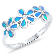 Load image into Gallery viewer, Sterling Silver Plumeria Shaped Blue Lab Opal Rings with CZ Stones And Face Height 8mm