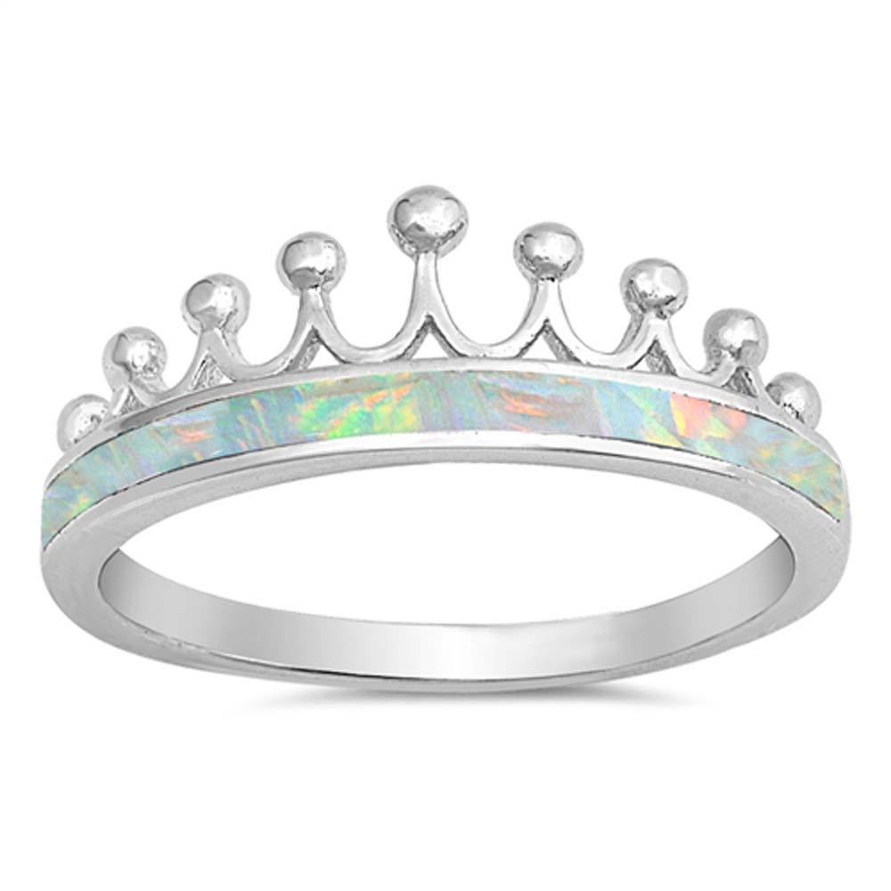 Sterling Silver Crown Shape White Lab Opal RingsAnd Face Height 8mm