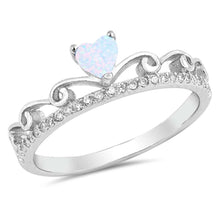 Load image into Gallery viewer, Sterling Silver Heart Crown Shape White Lab Opal Rings With CZ StonesAnd Face Height 6mm