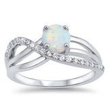Sterling Silver Ring with Oval White Lab Opal Center and  Clear CZ Cross Over Design, Face Height of 9 mm