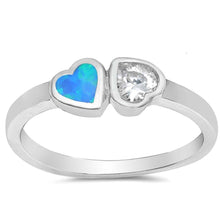 Load image into Gallery viewer, Sterling Silver Double Heart Shape Blue Lab Opal Rings With CZ StonesAnd Face Height 6mm