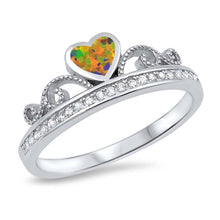 Load image into Gallery viewer, Sterling Silver Heart Crown Shaped Black Lab Opal Ring With CZ Stones