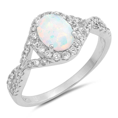 Sterling Silver Oval Shape White Lab Opal Rings with CZ Stones, Face Height 11mm
