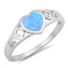 Load image into Gallery viewer, Sterling Silver Heart Filigree Shaped Light Blue Lab Opal RingsAnd Face Height 7mm