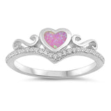 Sterling Silver Heart Shaped Pink Lab Opal Rings with CZ Stones, Face Height 7mm