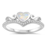 Sterling Silver Heart Shaped White Lab Opal Rings, Face Height 7mm