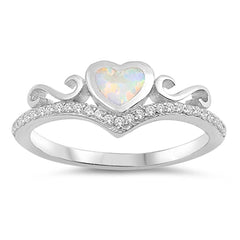 Sterling Silver Heart Shaped White Lab Opal Rings, Face Height 7mm