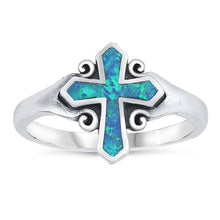 Load image into Gallery viewer, Sterling Silver Cross Shaped Blue Lab Opal Ring