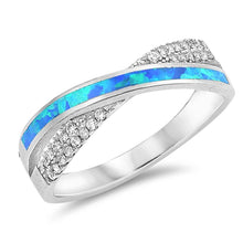 Load image into Gallery viewer, Sterling Silver Line Shaped Blue Lab Opal Ring With CZ Stones