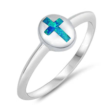 Load image into Gallery viewer, Sterling Silver Cross Shaped Blue Lab Opal Ring