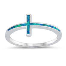 Load image into Gallery viewer, Sterling Silver Blue Lab Opal Thin Cross Ring