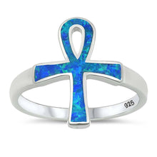 Load image into Gallery viewer, Sterling Silver Blue Lab Opal Ankh Ring