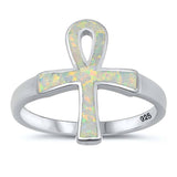 Sterling Silver White Lab Opal Ankh Ring