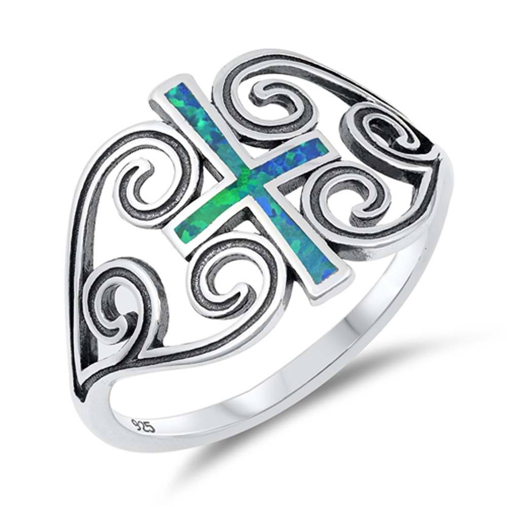 Sterling Silver Blue Lab Opal Cross Ring