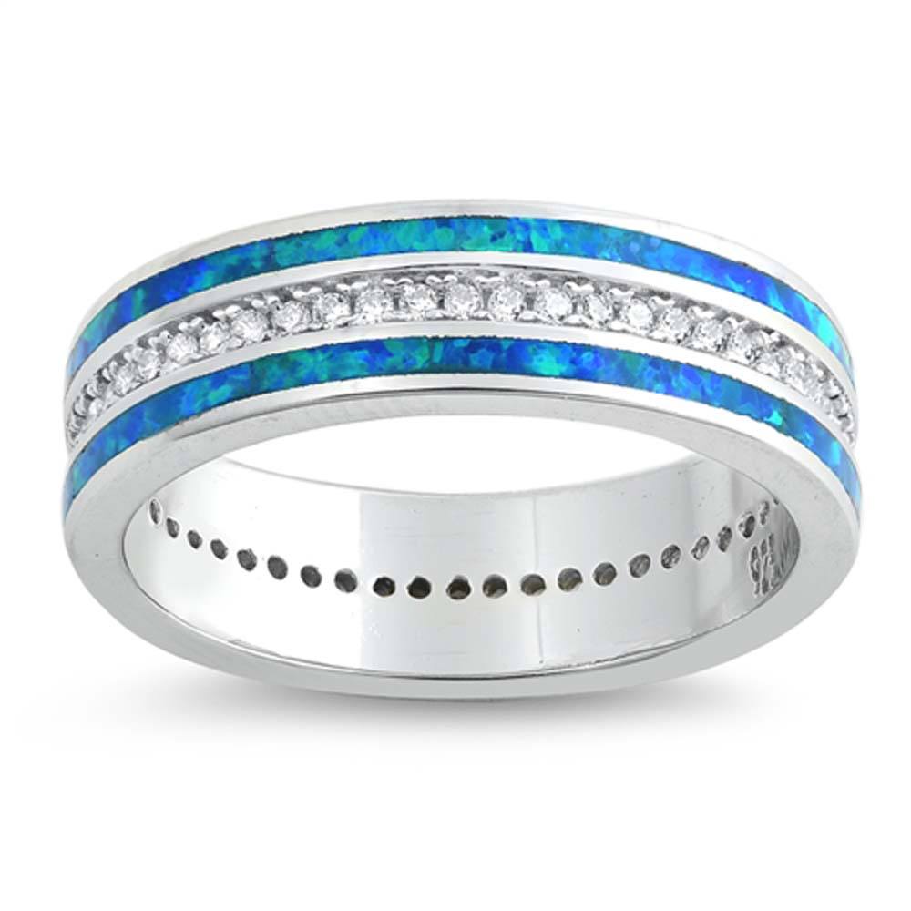 Sterling Silver Blue Lab Opal and Clear CZ Ring