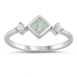 Sterling Silver White Lab Opal Diamond Shape Center with Side CZ Ring