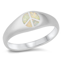 Load image into Gallery viewer, Sterling Silver Peace Sign White Lab Opal Ring