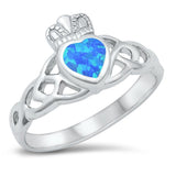 Sterling Silver Rhodium Plated Blue Lab Opal Claddagh Ring