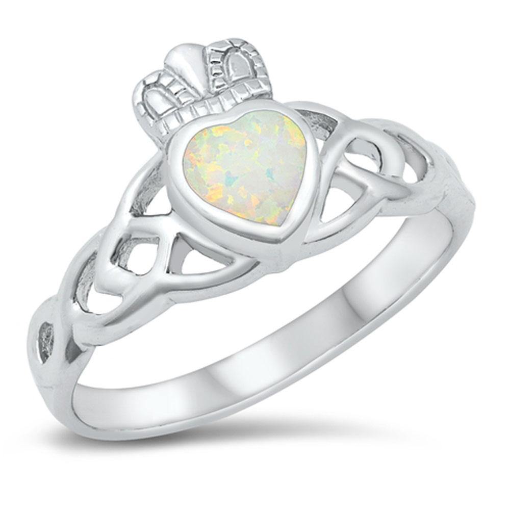 Sterling Silver Rhodium Plated White Lab Opal Claddagh Ring