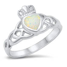Load image into Gallery viewer, Sterling Silver Rhodium Plated White Lab Opal Claddagh Ring - silverdepot