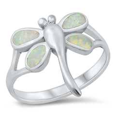 Sterling Silver Dragonfly White Lab Opal Ring