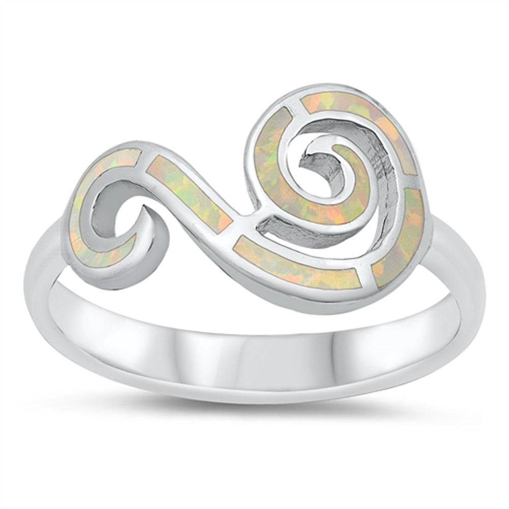 Sterling Silver Rhodium Plated White Lab Opal Wind Symbol Ring