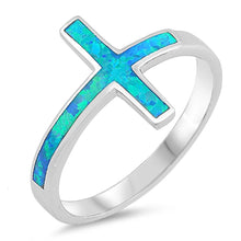 Load image into Gallery viewer, Sterling Silver Sideways Cross Blue Lab Opal RingsAnd Face Height 14mm