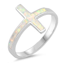 Load image into Gallery viewer, Sterling Silver Sideways Cross White Lab Opal RingsAnd Face Height 14mm