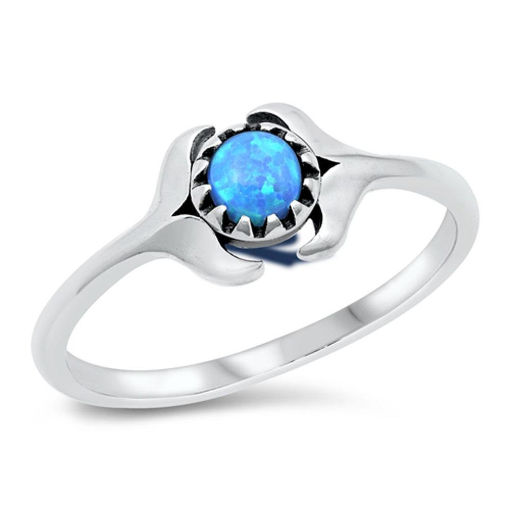 Sterling Silver Rhodium Plated Blue Lab Opal Double Whale Tail Ring