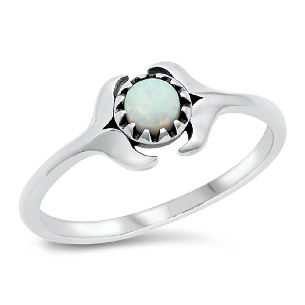 Sterling Silver Rhodium Plated White Lab Opal Double Whale Tail Ring
