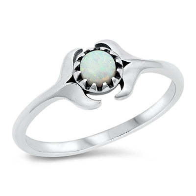 Sterling Silver Rhodium Plated White Lab Opal Double Whale Tail Ring - silverdepot