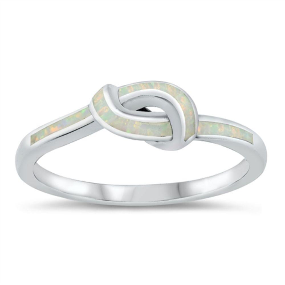 Sterling Silver Rhodium Plated Lab Knot White Opal CZ Ring