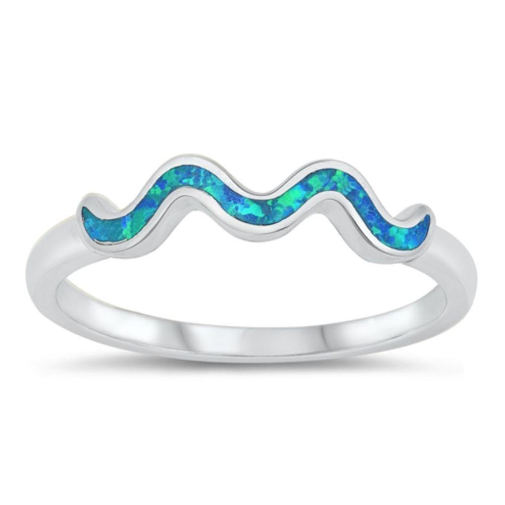 Sterling Silver Rhodium Plated Squiggle Lab Blue Opal CZ Ring