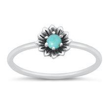 Load image into Gallery viewer, Sterling Silver Oxidized Flower Genuine Turquoise Ring Face Height-7mm