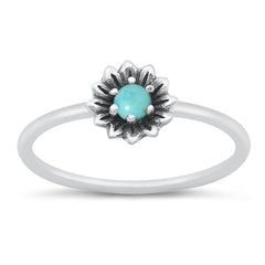 Sterling Silver Oxidized Flower Genuine Turquoise Ring Face Height-7mm