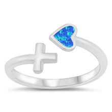 Load image into Gallery viewer, Sterling Silver Rhodium Plated Heart and Cross Blue Lab Opal and Clear CZ Ring