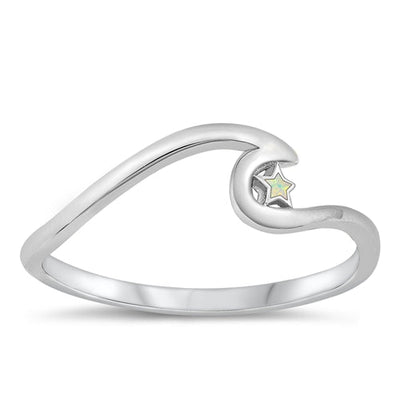 Sterling Silver Oxidized Wave and Star White Lab Opal Ring