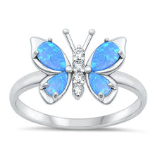 Load image into Gallery viewer, Sterling Silver Rhodium Plated Butterfly Blue Lab Opal And Clear CZ Ring