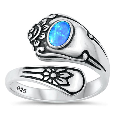 Sterling Silver Oxidized Vintage Spoon Blue Lab Opal Ring Face Height-17.5mm