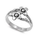 Sterling Silver Trendy Double Flower Design Band Ring with Face Height of 12MM