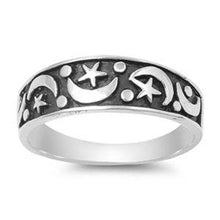 Load image into Gallery viewer, Sterling Silver Fancy Carved BeadAnd MoonAnd and Star Design Ring with Face Height of 7MM